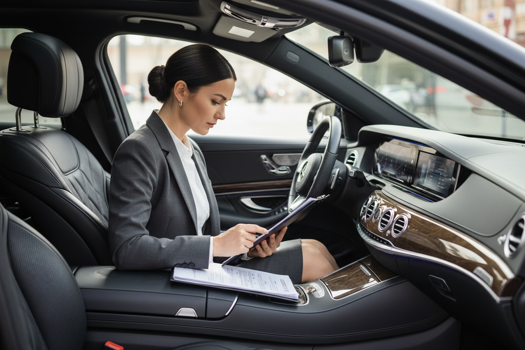 young women doing mobile notary in black mercedes